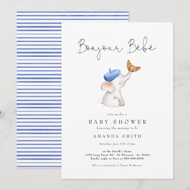 Invitation Bonjour Bebe French Elephant Baby Shoy Shoy Blue (Devant / Derrière)