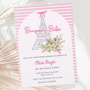 Invitation Bonjour Bebe French Paris Baby shower fille rose