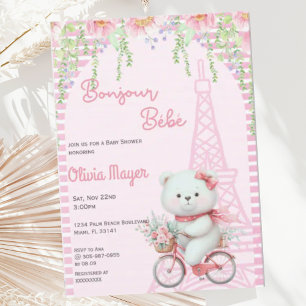 Invitation Bonjour Bebe French Paris Baby shower Ours Rose
