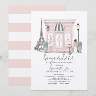 Invitation Bonjour Bébé French Paris Café Baby shower rose
