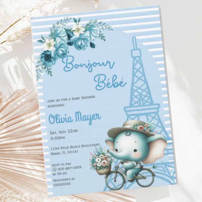 Invitation Bonjour Bebe French Paris Elephant Baby shower (Créateur téléchargé)