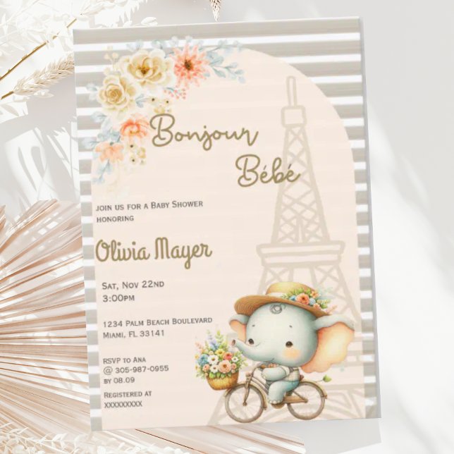Invitation Bonjour Bebe French Paris Elephant Baby shower (Créateur téléchargé)