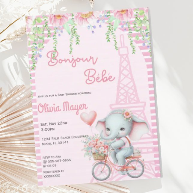 Invitation Bonjour Bebe French Paris Elephant Baby shower (Créateur téléchargé)