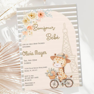Invitation Bonjour Bebe French Paris Giraffe Baby shower