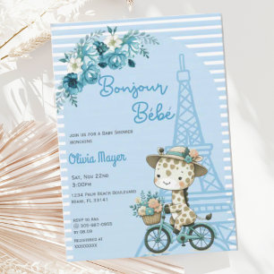 Invitation Bonjour Bebe French Paris Giraffe Baby shower bleu