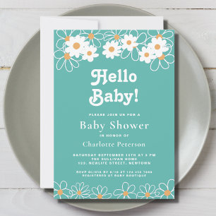 Invitation Bonjour Bébé Genre Neutral Daisy Baby shower Turqu