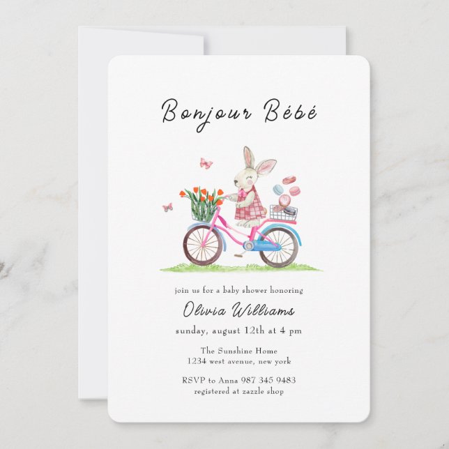 Invitation Bonjour Bébé Lapin Bicycle Macarons Baby Shower  (Devant)