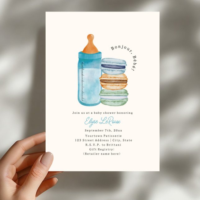 Invitation Bonjour Bébé Macarons & Lait Bleu Baby Shower (Créateur téléchargé)