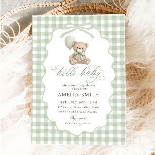 Invitation Bonjour bébé ours en peluche Baby Shower Vert