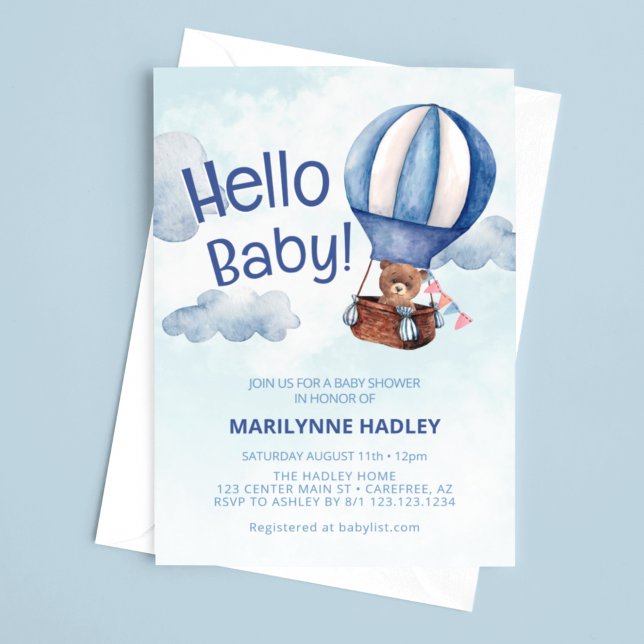 Invitation Bonjour Bébé Ours en Peluche Bleu Bain (Créateur téléchargé)