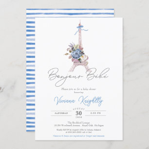 Invitation Bonjour Bebe Paris Baby shower Bleu Bleu Français
