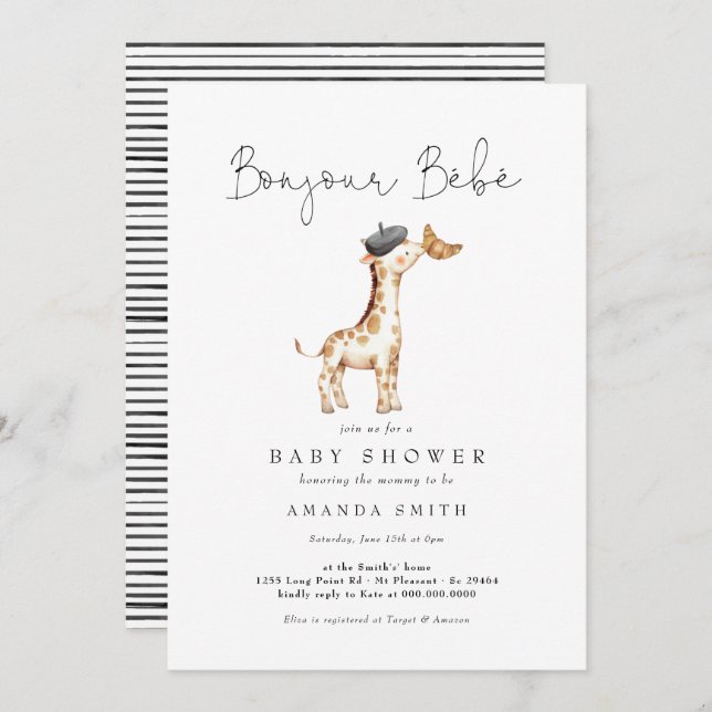 Invitation Bonjour Bebe Paris Baby shower de la Giraffe franç (Devant / Derrière)