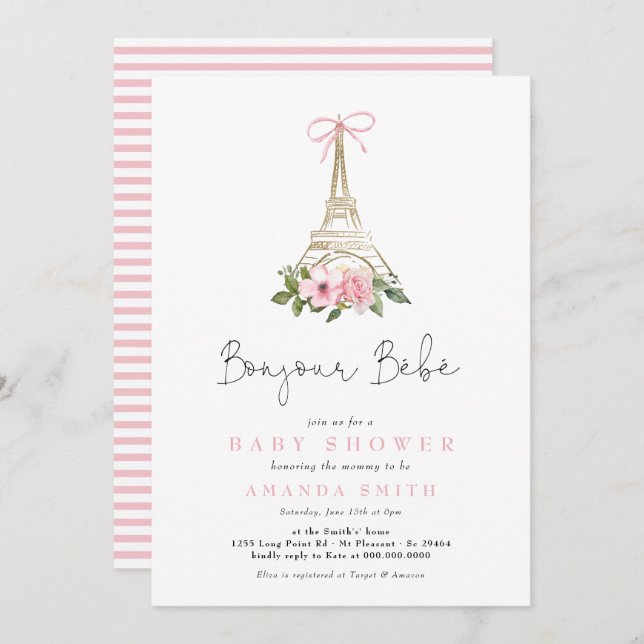 Invitation Bonjour Bebe Paris Baby shower Eiffel rose françai (Devant / Derrière)