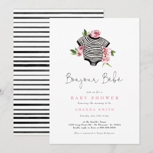 Invitation Bonjour Bebe Paris Baby shower Fleurs roses frança (Devant / Derrière)