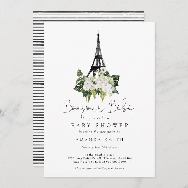 Invitation Bonjour Bebe Paris Baby shower Floral Blanc França (Devant / Derrière)