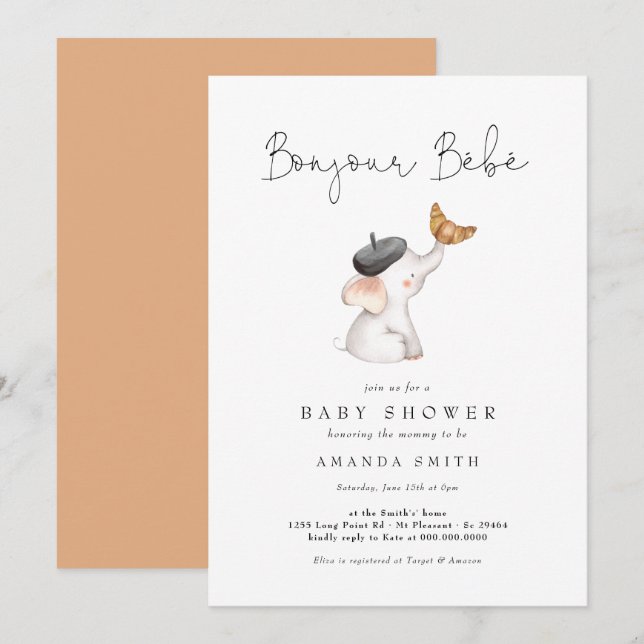 Invitation Bonjour Bebe Paris Baby shower français des élépha (Devant / Derrière)