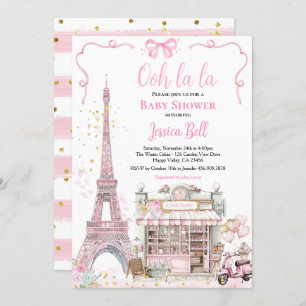 Invitation Bonjour Bebe Paris Fille Baby shower rose Eiffel