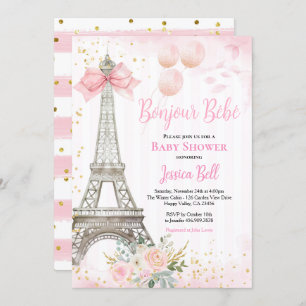 Invitation Bonjour Bebe Paris Fille Baby shower rose Eiffel