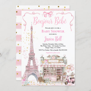 Invitation Bonjour Bebe Paris Fille Baby shower rose Eiffel