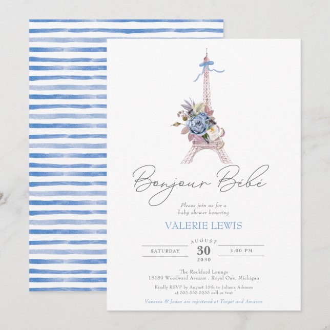 Invitation Bonjour Bebe Paris Français Blue Eiffel Baby showe (Devant / Derrière)