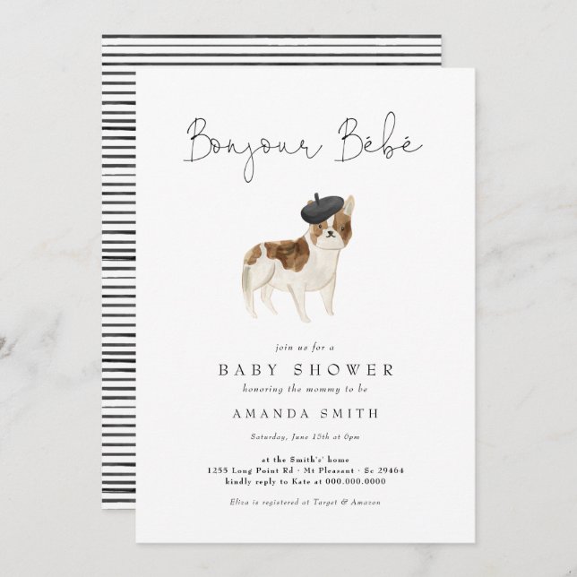 Invitation Bonjour Bebe Paris French Bulldog Baby shower (Devant / Derrière)