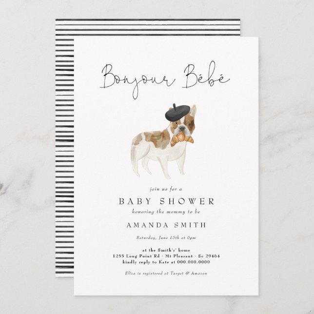 Invitation Bonjour Bebe Paris French Bulldog Baby shower Invi (Devant / Derrière)
