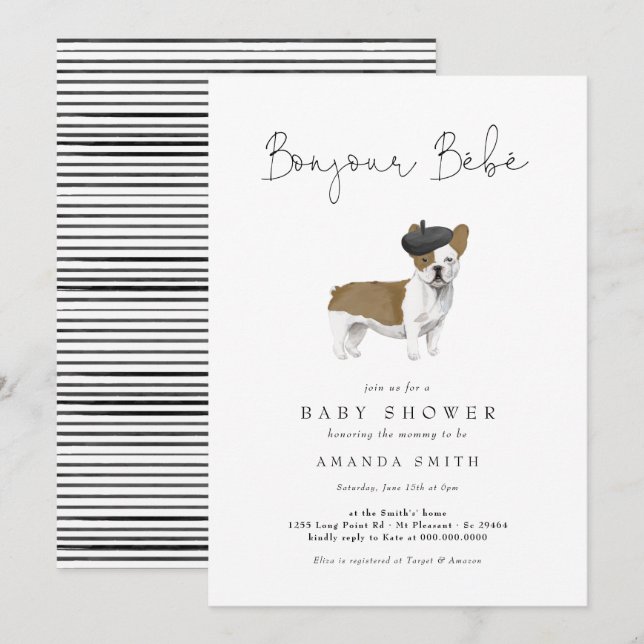 Invitation Bonjour Bebe Paris French Bulldog Baby shower Invi (Devant / Derrière)