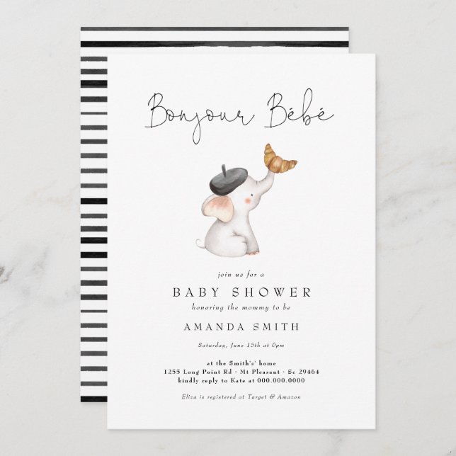 Invitation Bonjour Bebe Paris French Elephant Baby shower Inv (Devant / Derrière)