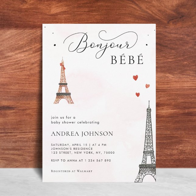 Invitation Bonjour Bébé Paris Genre Neutre Baby shower Rose (Créateur téléchargé)