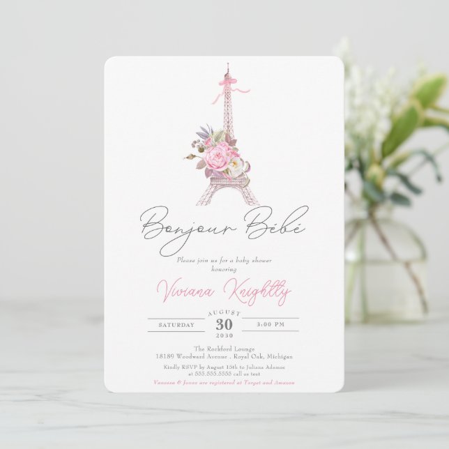 Invitation Bonjour Bebe, Pink Floral Eiffel Paris Baby shower (Debout devant)