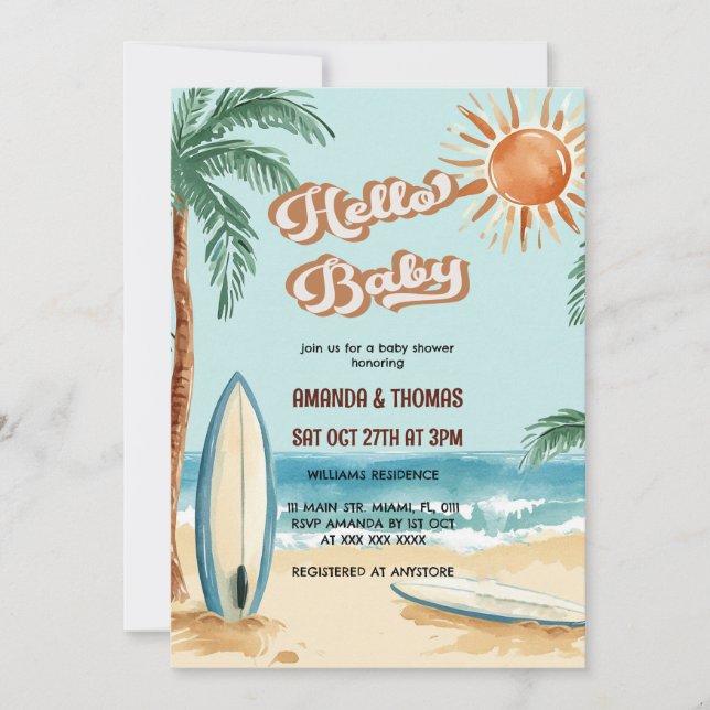Invitation Bonjour Bébé Planche de Surf Baby Shower (Devant)