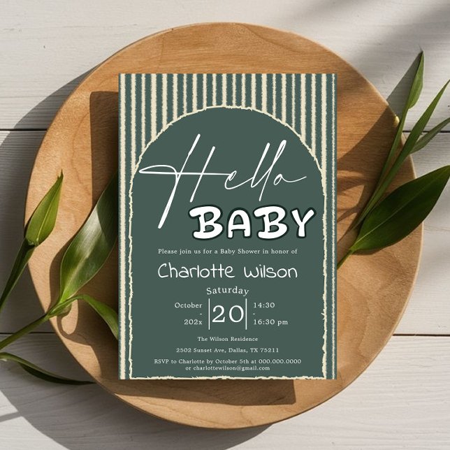 Invitation Bonjour Bébé Rayures Vert Foncé Baby Shower (Créateur téléchargé)