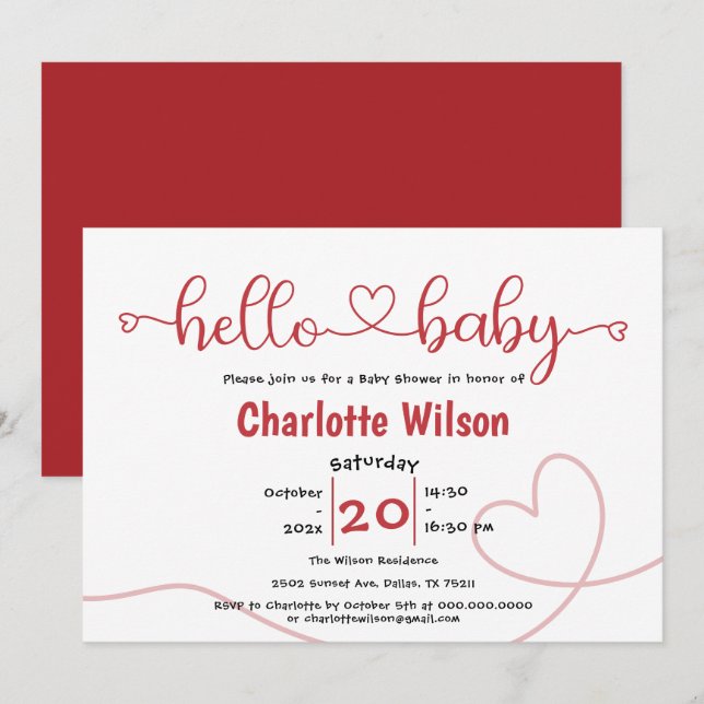 Invitation Bonjour Bébé Red Heart Baby shower minimal (Devant / Derrière)