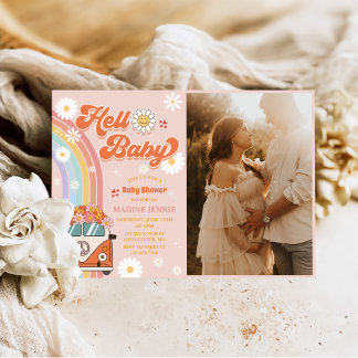 Invitation Bonjour bébé Retro Rainbow Baby shower Party Photo