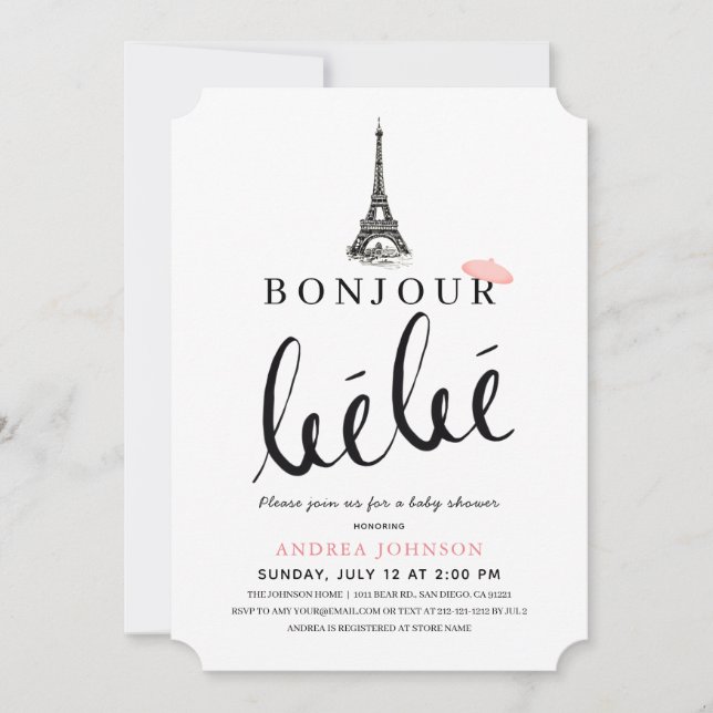 Invitation Bonjour Bebe Rose Beret Baby shower Tour Eiffel (Devant)