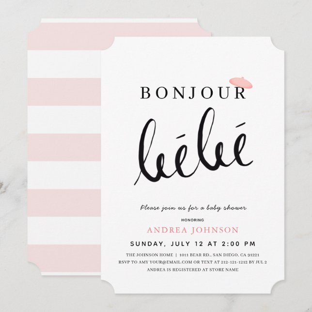Invitation Bonjour Bebe rose Beret Simple Baby shower fille (Devant / Derrière)