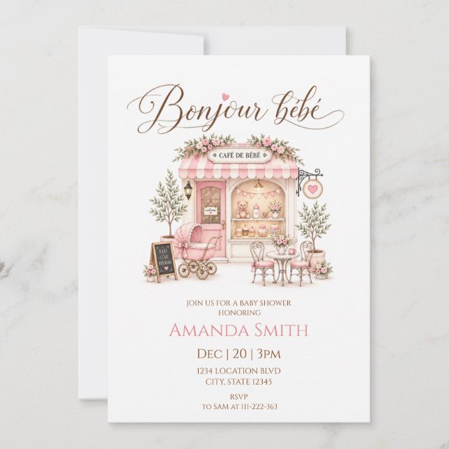 Invitation Bonjour Bébé Rose Café Baby Shower (Devant)