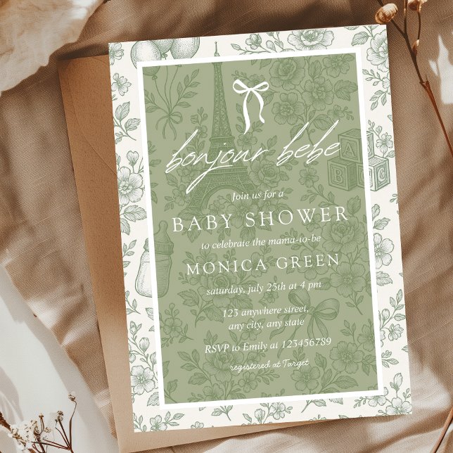 Invitation Bonjour Bebe Sage Green Toile Baby shower français (Sage green French Toile Chinoiserie Pattern Baby Shower Invitation)