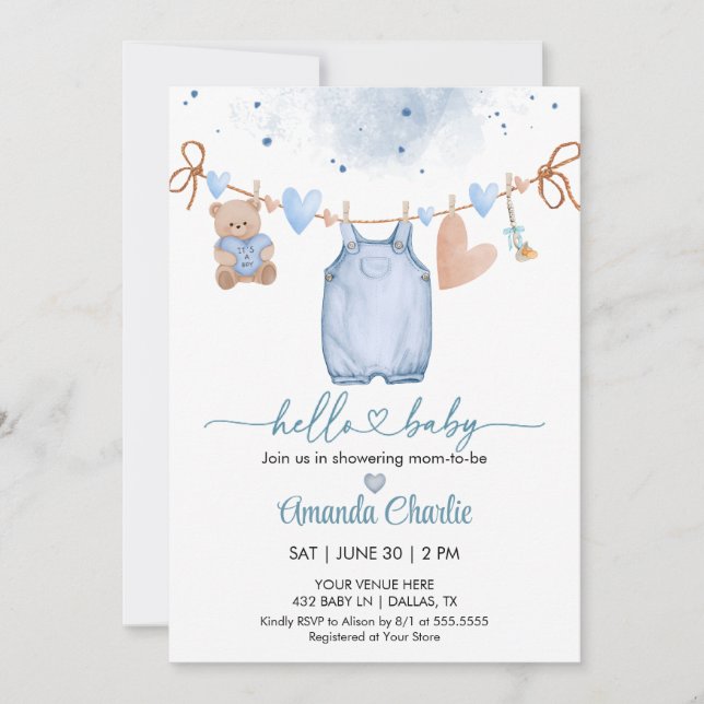 Invitation Bonjour Bébé Saint Valentin baby shower bleu (Devant)