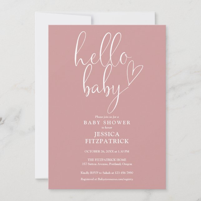 Invitation Bonjour Bébé Script Dusty Rose rose Baby shower fi (Devant)