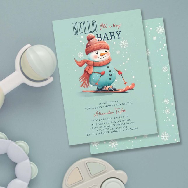 Invitation Bonjour Bébé Snowman Ski hiver Baby shower garçon  (winter baby boy shower invitation snowman sports skiing watercolor snowflake snow wonderland)
