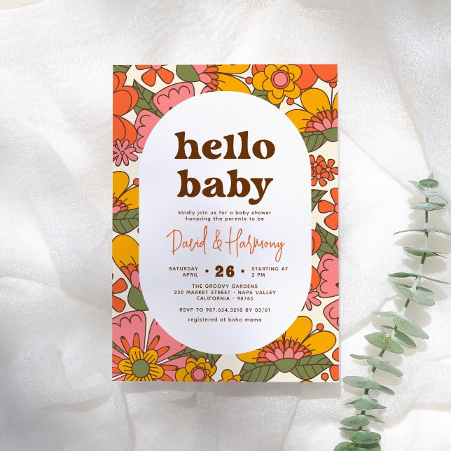 Invitation Bonjour bébé | Super Baby shower Boho Fleurs Rétro (Créateur téléchargé)