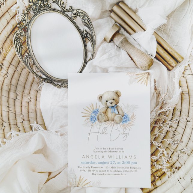 Invitation Bonjour bébé Teddy Bear Boho Blue Boy Baby shower (Créateur téléchargé)