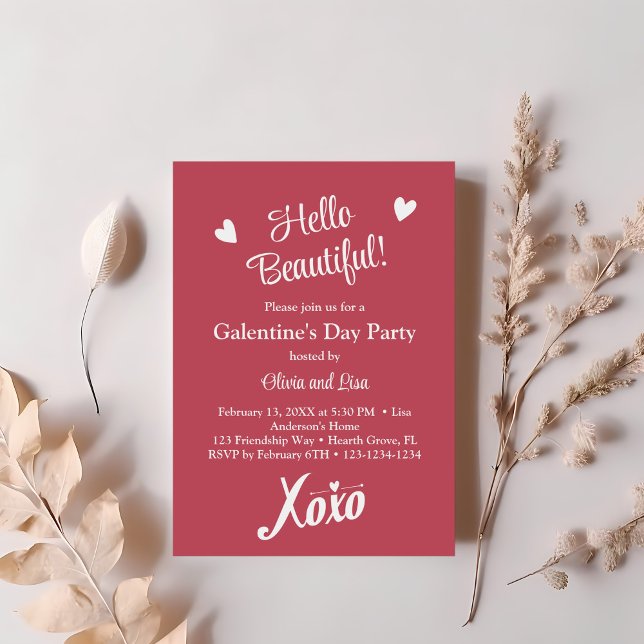 Invitation Bonjour Belle ! Pink XOXO Galentine's Day Party (Hello Beautiful! Pink XOXO Galentine's Day Party Invitation on a table with soft pink dry flowers.)