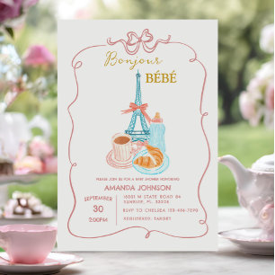 Invitation Bonjour Cafe Baby shower Coquette rose