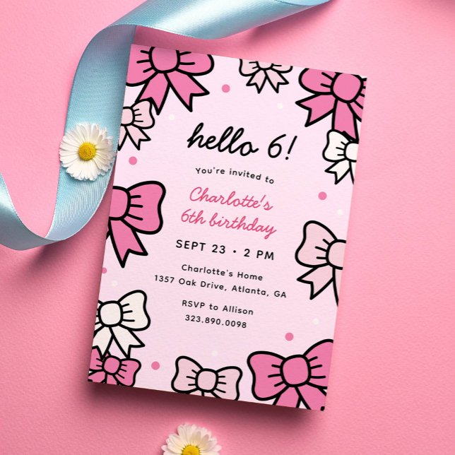Invitation Bonjour Cutie Pink Cartoon Bows Anniversaire (cute kawaii bows pink birthday party invitation for girls)