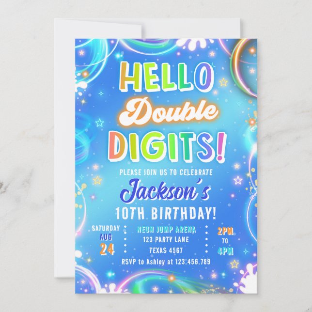 Invitation Bonjour Double Chiffres Néon Glow Garçon 10e Anniv (Devant)