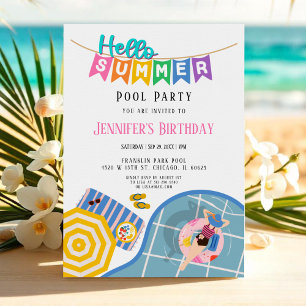 Invitation Bonjour Été Bannière Colorée Pool fête Anniversair