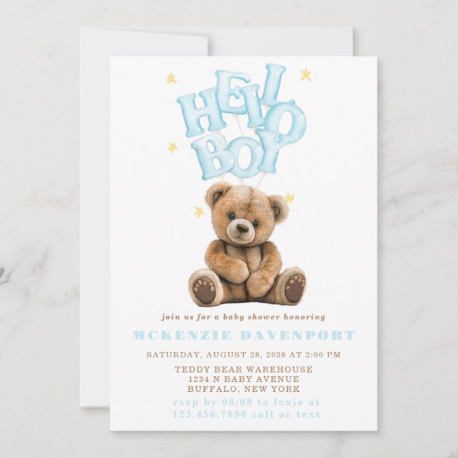 Invitation Bonjour Garçon Balloon Teddy Bear Baby shower Garç (Devant)
