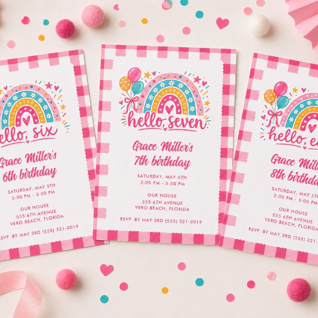 Invitation Bonjour Huit Fille Anniversaire Gingham Rainbow  (Hello Eight Girl's Gingham Rainbow Birthday Party Invitation)